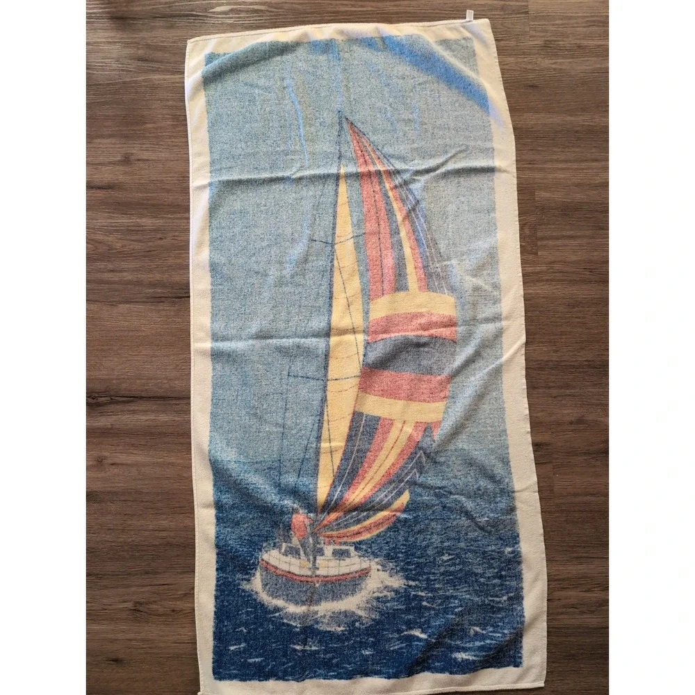 Vintage Cannon Sailboat Beach Towel Retro Graphic Nautical Terry Cloth Cotton